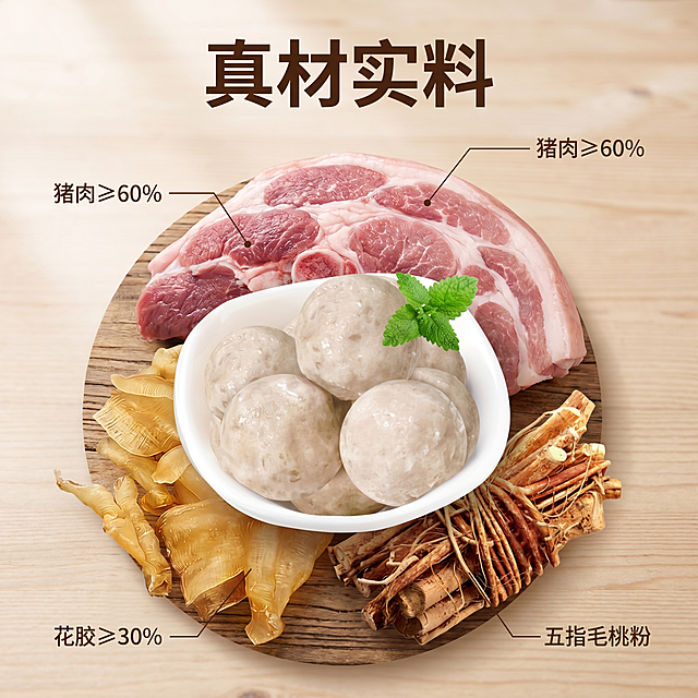 [主图 2] 五指毛桃花胶肉丸核心原料展示图。[氛围风格] 真实溯源，自然健康质感。[画质] 商业摄影质感、光线柔和通透、产品清晰真实、画面干净高级。[元素] 中心位置摆放一颗完整的五指毛桃花胶肉丸，周围围绕摆放核心原材：整块猪腿肉、大块干花胶、捆扎的五指毛桃干货，所有食材新鲜真实摆放成圆形围绕中心产品。保持肉丸产品外观与输入产品图绝对一致，杜绝任何变形和色差，精细化处理。商品主体占比60%左右，画面满屏无边框。[光影] 自然柔和顶侧光，突出食材纹理和新鲜度，每个食材都有自然明暗阴影，通透不灰蒙。[配色] 自然食材原色，原木背景浅棕色，整体干净质朴。[视角构图] 俯视中心构图，所有食材清晰展示，景深适中。[文字版式] 顶部大标题 "真材实料" 深棕色加粗居中，围绕中心产品用纤细引线连接三种核心原料，标注文字：引线1 → "猪肉≥60%"，引线2 → "花胶≥30%"，引线3 → "五指毛桃粉"，文字小巧清晰，不遮挡食材。保持文字与背景对比强烈，清晰可辨。[比例分辨率] 1:1 比例，2k 分辨率；文字清晰锐利，画面超高清。[负向提示词] 变形，水印，文字错乱，产品图模糊，背景杂乱