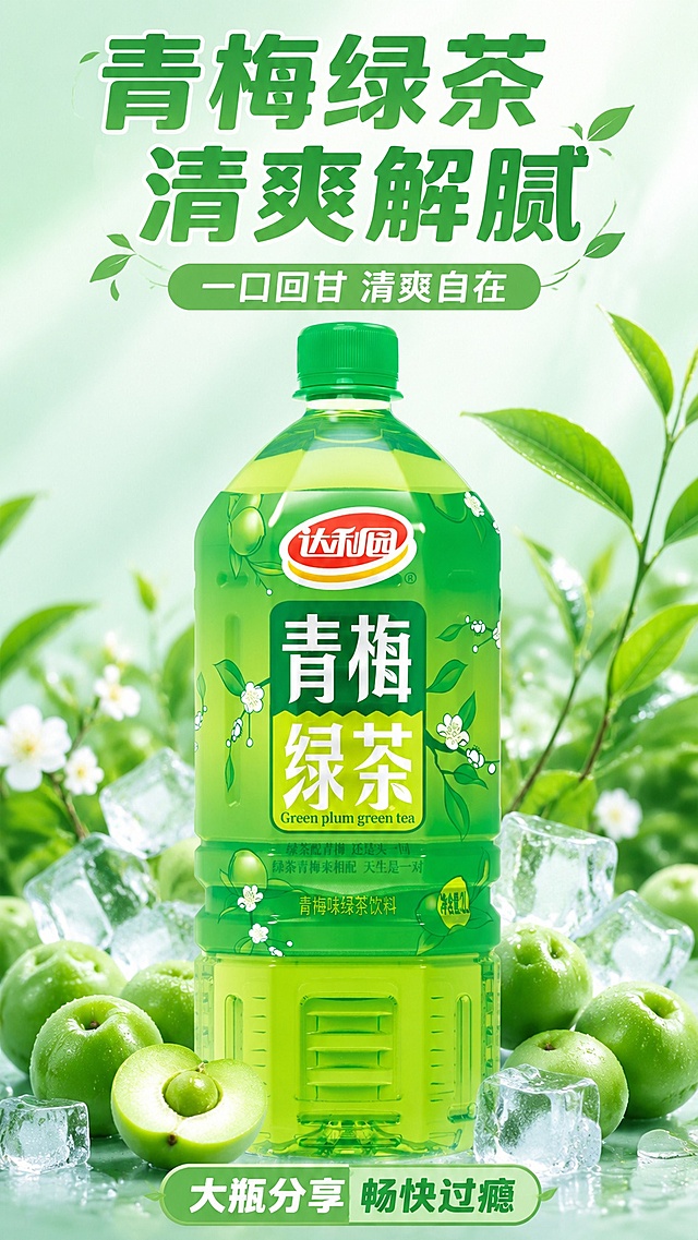 [第1屏] 详情页头图-达利园青梅绿茶饮料产品宣传海报。本屏使用【图1】作为商品主体。
[氛围/风格] 清新自然夏日风，清爽绿色调，真实商业摄影质感，通透干净。
[元素布局] 达利园青梅绿茶瓶身放置在画面视觉中心，占比约70%；瓶身周围搭配新鲜青梅、绿茶叶和冰块作为前景装饰，背景为浅青色渐变，产品瓶身结构、包装文字、颜色与输入产品图完全一致。
[光影质感] 顶侧柔光打亮瓶身，瓶身产生自然高光和通透倒影，背景明暗层次干净，突出产品清凉感。
[配色色系] 全局底色 #f2fbf5；主色清新绿色 #62bd6f；辅助色白色浅青色，青梅淡绿色点缀。
[视角构图] 正面平视，产品为绝对视觉中心，构图饱满，阅读动线从上至下。
[文字版式] 版式为顶部标题区 + 中部产品 + 底部卖点。主标题「青梅绿茶 清爽解腻」，副标题「一口回甘 清爽自在」，圆角粗黑体；底部卖点标签「大瓶分享 畅快过瘾」，文字清晰不遮挡瓶身，全套统一绿色系字色。
[比例分辨率] 9:16竖版比例，4K分辨率，文字清晰可辨，高清画质。
[负向提示词] 瓶身变形，包装文字错乱，颜色偏差，文字过小，水印，背景杂乱，缺件错件