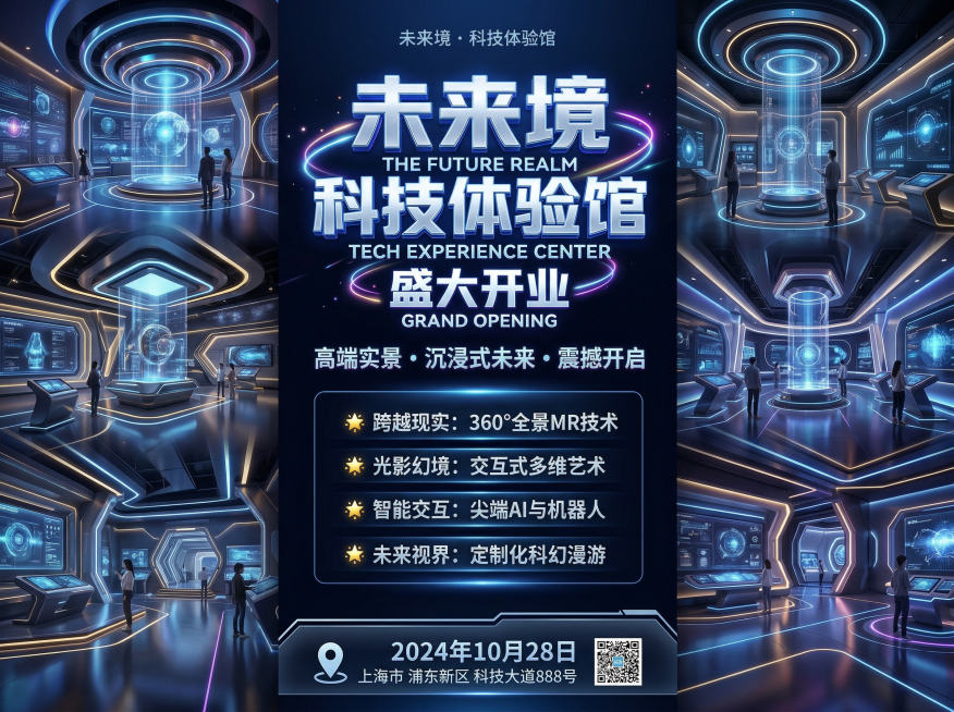 高端实景科技体验馆开业海报，有文案内容，有3D字体大标题，未来感设计，高级质感预览效果