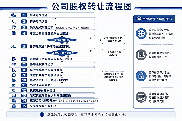 生成一张清晰详细的公司股权转让流程图，包含所有关键步骤节点和流程箭头，专业商务风格，信息完整逻辑清晰，背景干净简洁