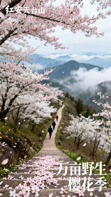 红安天台山野生樱花宣传海报，山间步道旁野生樱花树肆意盛开，粉白花瓣飘落，游客在步道漫步赏花，远处山峦层叠云雾缭绕，前景落樱铺满台阶，清新治愈的春日春游氛围，左上角添加文字"红安天台山"，右下角添加文字预览效果