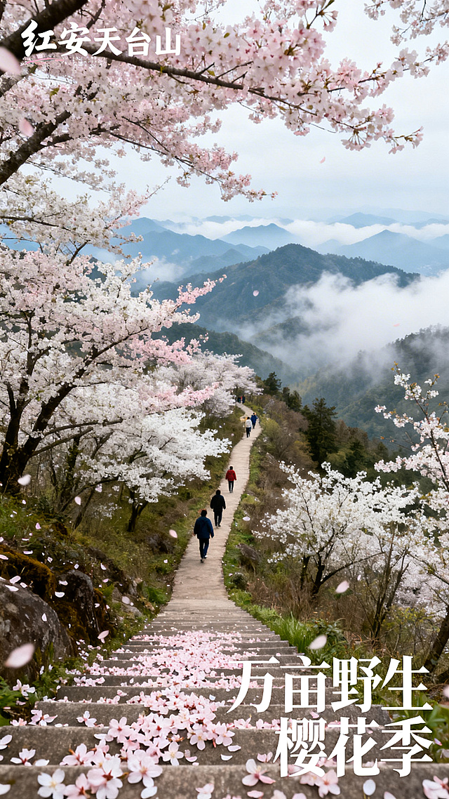 红安天台山野生樱花宣传海报，山间步道旁野生樱花树肆意盛开，粉白花瓣飘落，游客在步道漫步赏花，远处山峦层叠云雾缭绕，前景落樱铺满台阶，清新治愈的春日春游氛围，左上角添加文字"红安天台山"，右下角添加文字"万亩野生樱花季"，日系清新风景摄影风格