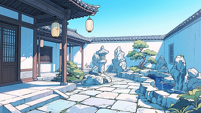 二次元古风，庭院，浅蓝色为主，细节丰富，生成2张，不要人，4k，16:9