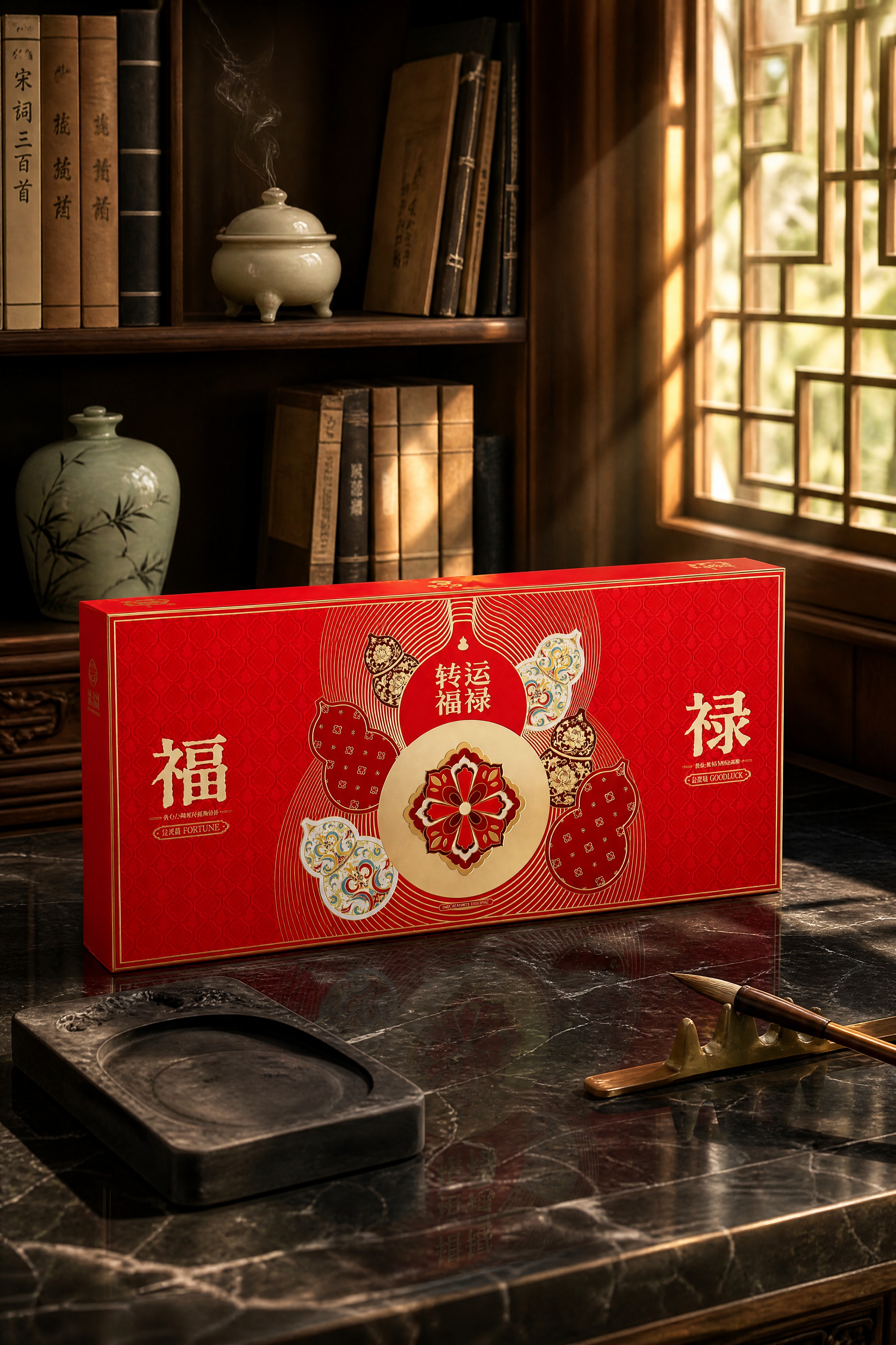 超写实商业产品摄影。 主体：红色长条礼盒严格参照上传产品图，完… - 图片创意预览
