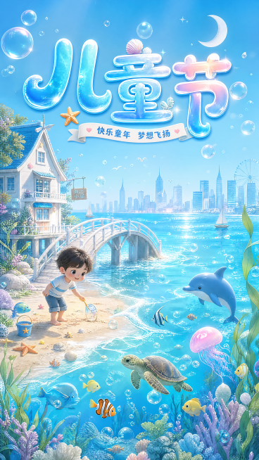 竖版六一儿童海报，梦幻海洋卡通画风。朦胧极简城市剪影作远景，蔚蓝海面泛着细碎银光，晶莹气泡漫天飘舞。各色海洋生物穿梭水草间，景致清新唯美。单个孩童赤脚立于沙滩玩耍，神态俏皮可爱。海边坐落别致海景小屋，预览效果