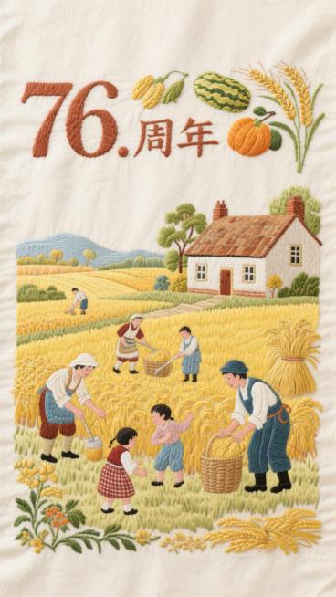 乡村振兴主题刺绣，展现丰收的田野、整洁的乡村民居，绣有农民劳作、孩童嬉戏的场景，“76 周年” 字样旁搭配稻穗、瓜果刺绣预览效果