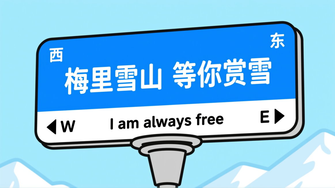 顶部蓝+底部白的路牌（蓝色区域：“梅里雪山 等你赏雪”，左右上角分别标“西”“东”，白色区域：英文“I am always free”，左右“W”“E”方向），浅蓝背景预览效果