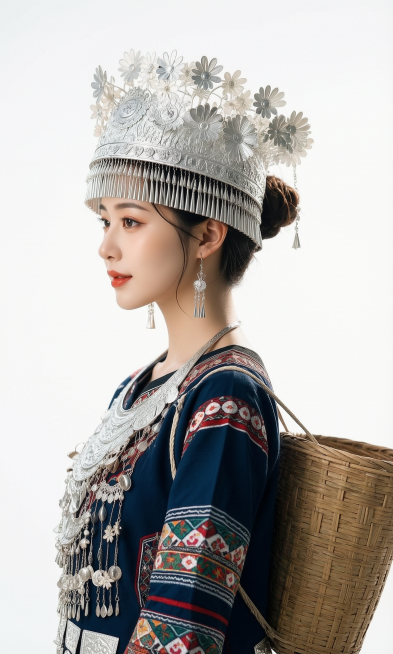 土家族少女背着箩筐半身肖像，纯白色背景，保留原图少女五官特征和银饰民族服饰细节，高清写实摄影预览效果