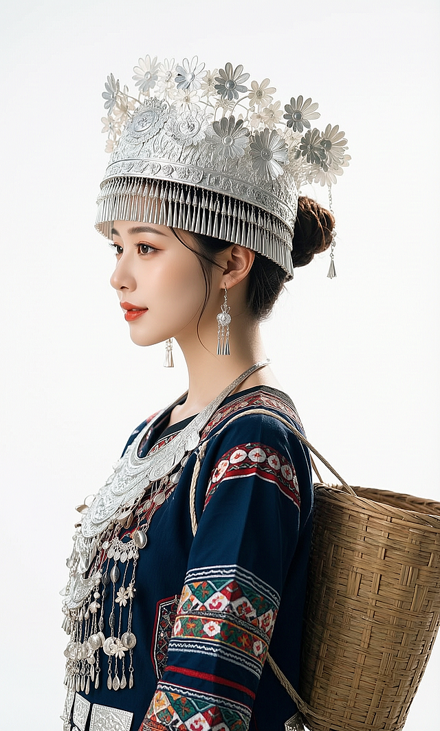 土家族少女背着箩筐半身肖像，纯白色背景，保留原图少女五官特征和银饰民族服饰细节，高清写实摄影