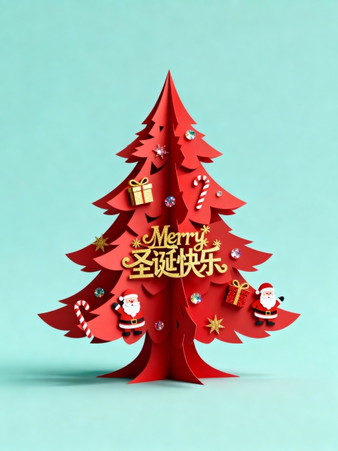 红色剪纸立体圣诞树，鎏金字（圣诞快乐），点缀（礼盒，圣诞老人，糖果，亮片）。背景浓厚的节日风格预览效果