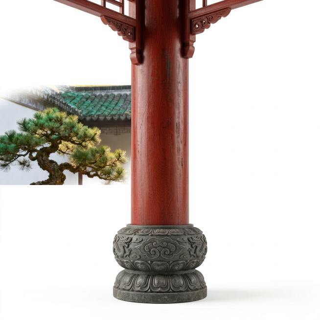 中国古代庭院长廊的木质立柱，红漆木柱带有传统雕花柱础，单独一根立柱，背景为纯净白色，清晰展示立柱细节纹理，国风写实风格预览效果