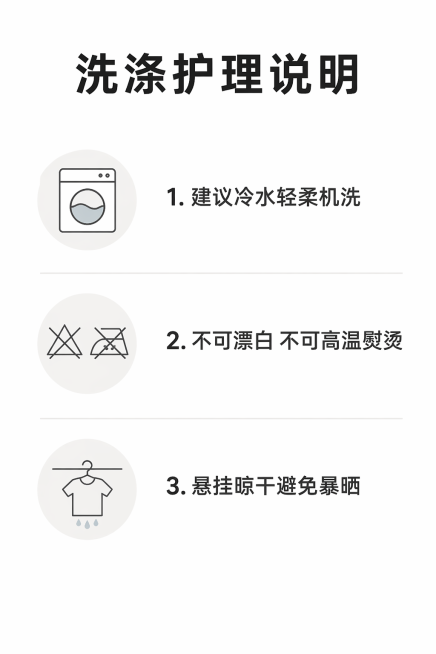 [详情页 19] 洗涤护理说明
[氛围风格] 清晰直观说明，简洁明了
[画质] 商业设计质感，文字清晰，画面干净高级
[元素] 浅色干净背景，分点展示洗涤护理注意事项，搭配简约图标，左侧图标右侧文字，预览效果