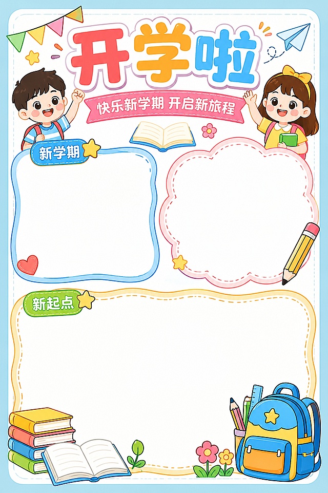 卡通手绘风，色彩明亮活泼，童趣十足，适合开学主题手抄报设计。