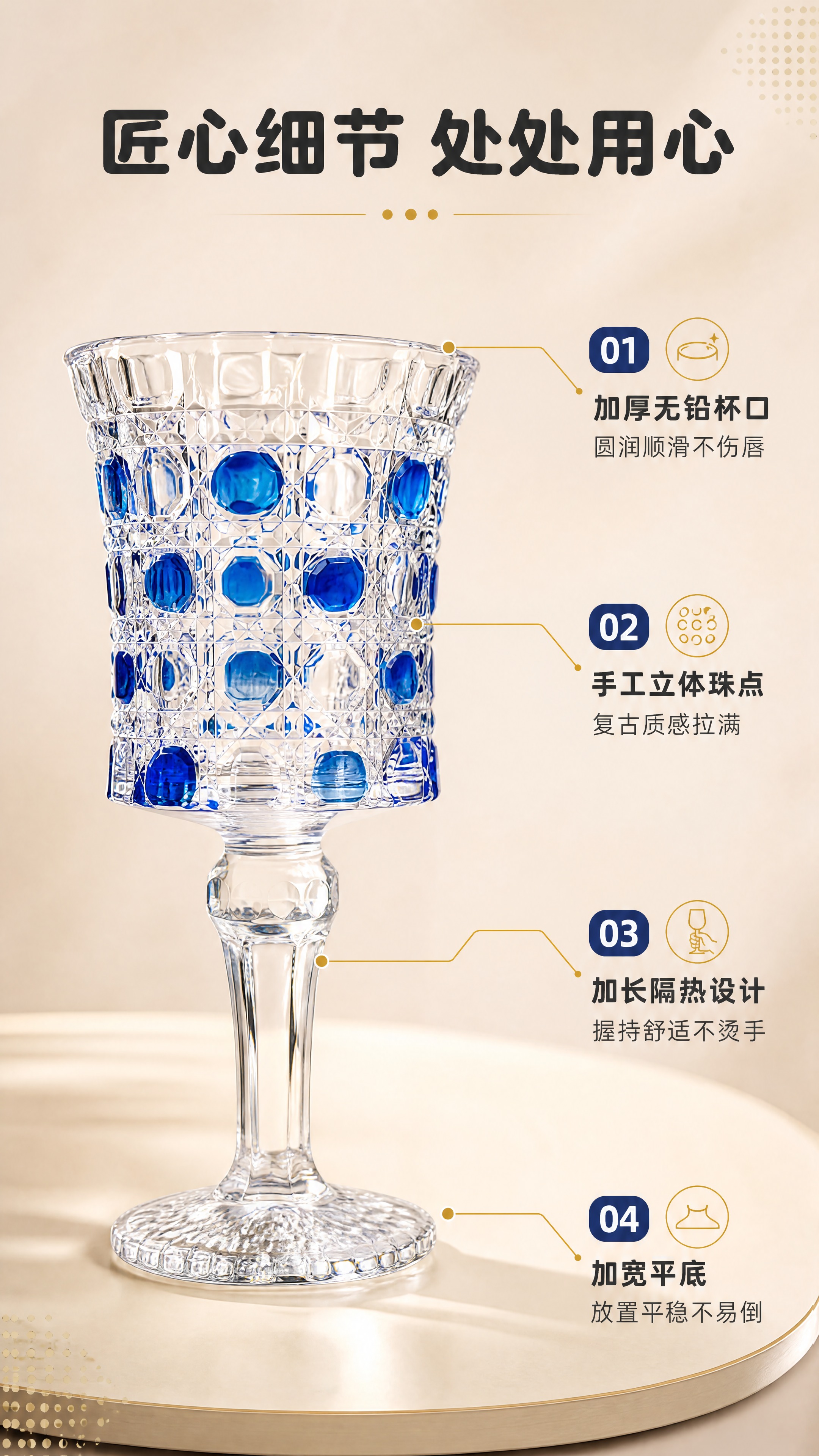 [商品] 使用【图1】蓝色高款高脚杯；保留透明玻璃、蓝色珠点浮… - 图片创意预览