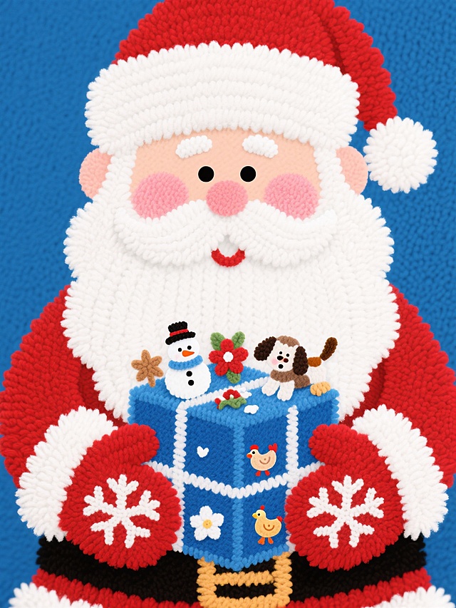 可爱卡通圣诞老人，刺绣风格插画，拟人化设计，手持礼物盒，点缀雪人、小狗与花朵，喜庆节日氛围浓厚。