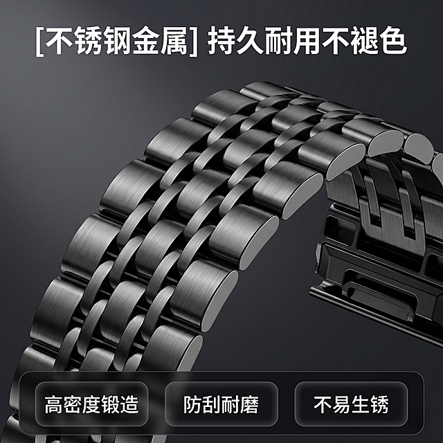 [主图 2] 不锈钢材质细节微距展示主图。
[氛围风格] 运动商务科技质感。
[画质] 商业摄影质感、光线柔和通透、产品清晰真实、画面干净高级。
[元素] 表带链节结构微距特写，展示细密拉丝工艺，表带居中，商品主体占比约70%。保持佳明快拆不锈钢手表表带外观（物理结构、材质质感、颜色）与输入产品图绝对一致，杜绝任何变形和色差，精细化处理金属拉丝纹理。背景为深灰渐变纯色，画面无边框。
[光影] 侧逆光勾勒金属边缘，形成高光线带，拉丝纹理明暗清晰，突出金属质感。
[配色] 主色枪灰黑色金属，背景深灰渐变，对比清晰。
[视角构图] 微距特写视角，对焦在表带连接处，景深较浅，突出细节。
[文字版式] 顶部居中主标题加粗 "[不锈钢金属] 持久耐用不褪色"，白色字体清晰对比；底部三个参数卡片横向排列，分别标注：「高密度锻造」「防刮耐磨」「不易生锈」，每个卡片圆角半透明黑底白字。
[比例分辨率] 1:1 比例，2k 分辨率；文字清晰锐利，画面超高清。
[负向提示词] 变形，水印，文字错乱，产品图模糊，背景杂乱，遮挡主体，配色刺眼。