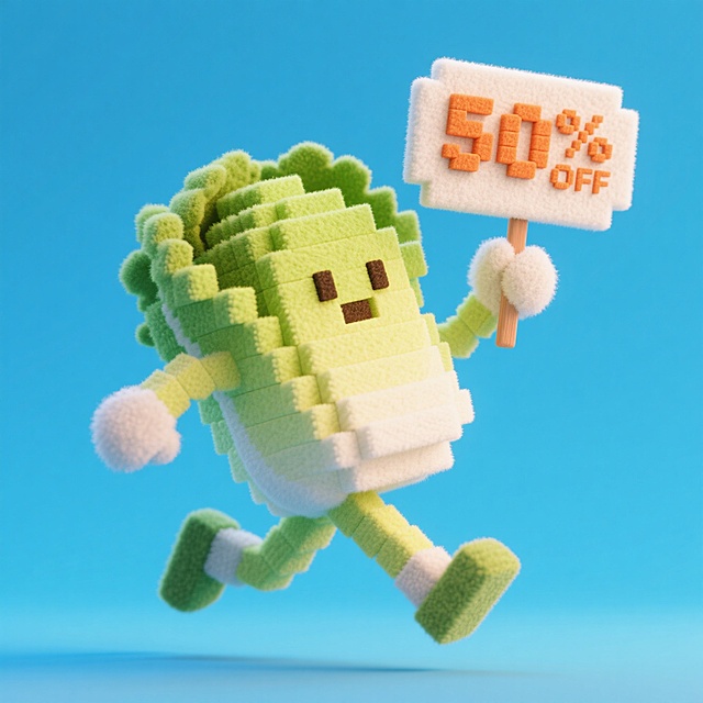 一个拟人的白菜奔跑中，举着“50%OFF“的牌子，蓝色背景