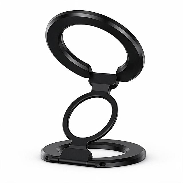 [主图-1] Magnetic Phone Ring Holder 商品识别首图，亚马逊纯白底合规主图。
[统一基调] 亚马逊跨境科技风，纯白背景，无任何文字、水印、边框、道具，产品为第一视觉主体，商业产品摄影质感。
[画面] 黑色磁吸手机指环支架完整居中展示，采用30°-45°斜侧视角，双环折叠结构完全展开呈使用状态，上磁吸环、中间连接环、底部底座三环结构清晰可见，产品占画面85%以上。产品外观与输入图完全一致：哑光黑色金属质感，三层环形折叠结构，底部圆形底座带安装孔位，中间小环连接，顶部大环为磁吸面，铰链关节清晰。底部底座与画面接触处有自然柔和的接触阴影，阴影淡而真实，产品不悬浮。
[光影质感] 专业影棚产品摄影，主光从左上方45°入射，金属环边缘有清晰高光带，哑光面呈现细腻质感，阴影柔和过渡，立体感强，无过曝无死黑。
[配色] 纯白背景，产品为哑光黑色，金属高光为银灰色，整体干净高级。
[文字版式] 无任何文字、Logo、图形元素，纯产品展示。
[输出要求] 1:1正方形，2K分辨率，产品轮廓清晰锐利，边缘干净无白边残留，无变形、无模糊、无水印、无平台Logo。负向：文字、水印、边框、道具、人物、彩色背景、场景元素、产品变形、结构错误、悬浮、穿模。