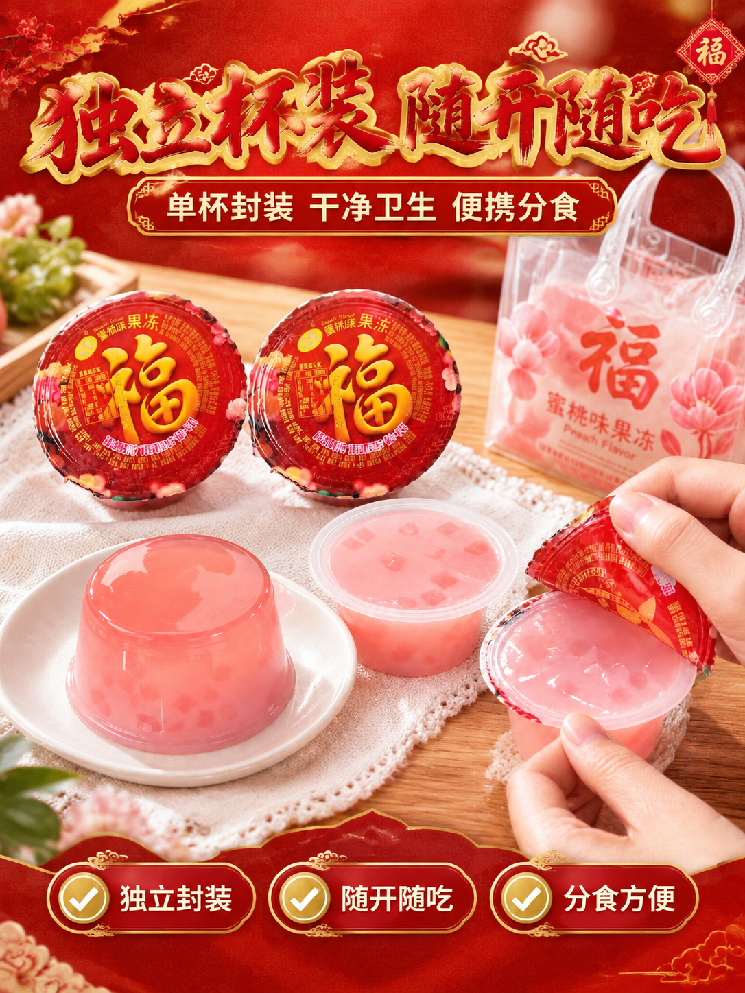 [商品] 使用【图3】侨康福字水蜜桃果冻；保留红色杯盖福字包装… - 图片创意预览