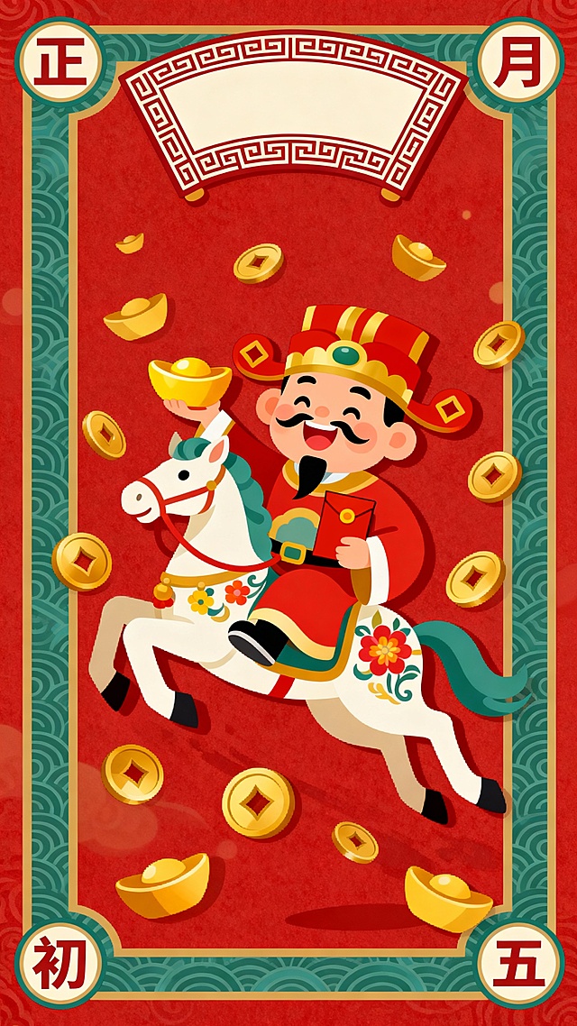 喜庆红底国潮风插画，卡通财神骑马持金，拟人化设计融合剪纸元素，金币环绕，正月初五迎财神。