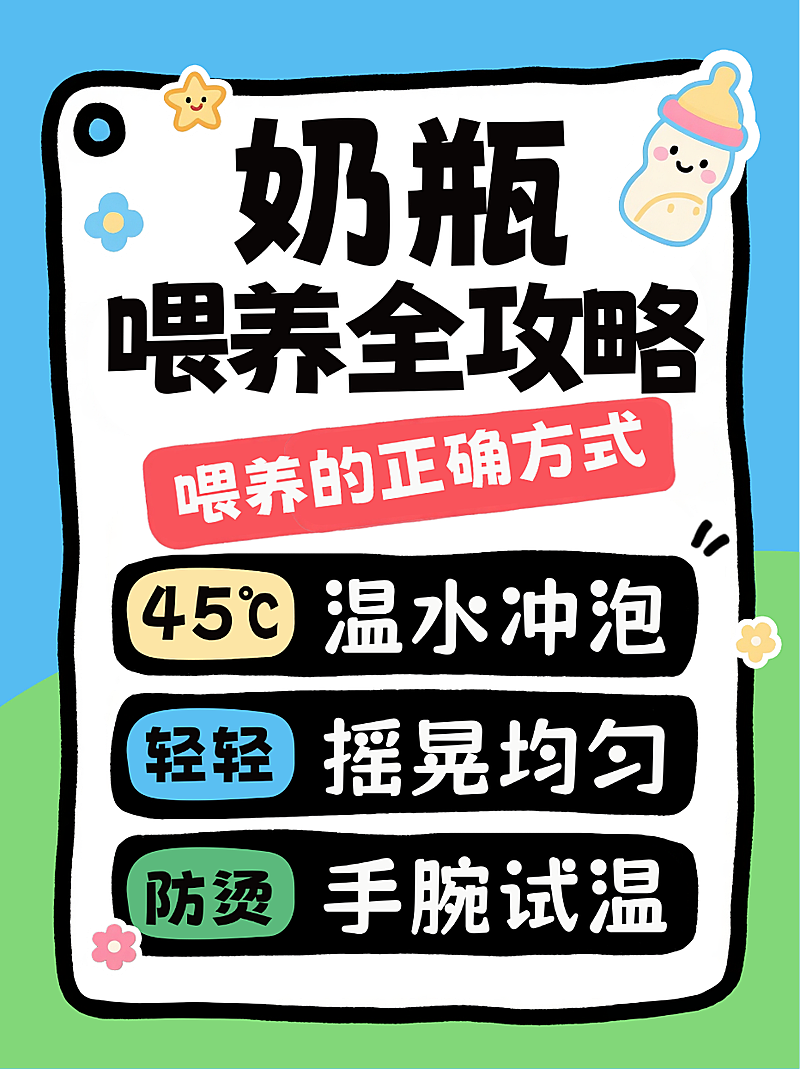 蓝色卡通风趣婴儿奶瓶喂养攻略新手爸妈小红书封面