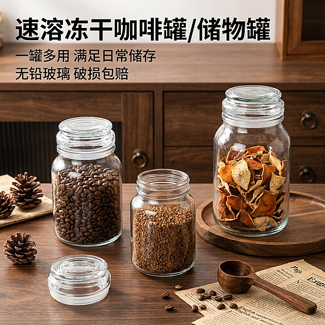 正方形电商详情页主图，8K超高清写实商业摄影，柔和暖调室内自然光，复古实木厨房场景，前景为深胡桃木色桌面#8B6B4F，背景是深棕色实木储物柜，柜体带有金属圆形拉手。桌面上错落摆放三个加厚透明玻璃密封罐，保持三个罐子的外形、大小比例、玻璃材质与参考图一致：左侧罐子装满烘焙咖啡豆，中间小号罐子打开盖子（无盖子），罐内装满冻干咖啡颗粒，右侧大号罐子放在原木托盘里装满干陈皮，左下角单独放置一个透明玻璃罐盖；桌面点缀天然松果、木质咖啡勺、散落咖啡豆、复古英文报纸。画面左上角，大号加粗黑色#000000文字："速溶冻干咖啡罐/储物罐"，下方依次居左文字："一罐多用 满足日常储存" "无铅玻璃 破损包赔"。整体风格温暖复古原木风，玻璃通透有自然高光，光影柔和，细节锐利清晰，无多余杂物，电商场景详情图质感。[负向提示词] 变形，改变罐子外形大小比例，水印，文字错乱，背景杂乱，遮挡主体，给中间罐子加上盖子。