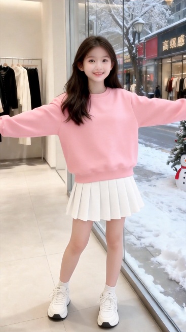 把图1的衣服和短裙给图的2的人物穿上，保留原场景光影，保持图2的人物的五官和发型不变，图片宽高尺寸不变，背景不变，鞋子变为白色运动球鞋，模特的姿势不变，保持图1的衣服和短裙的款式和颜色不变预览效果