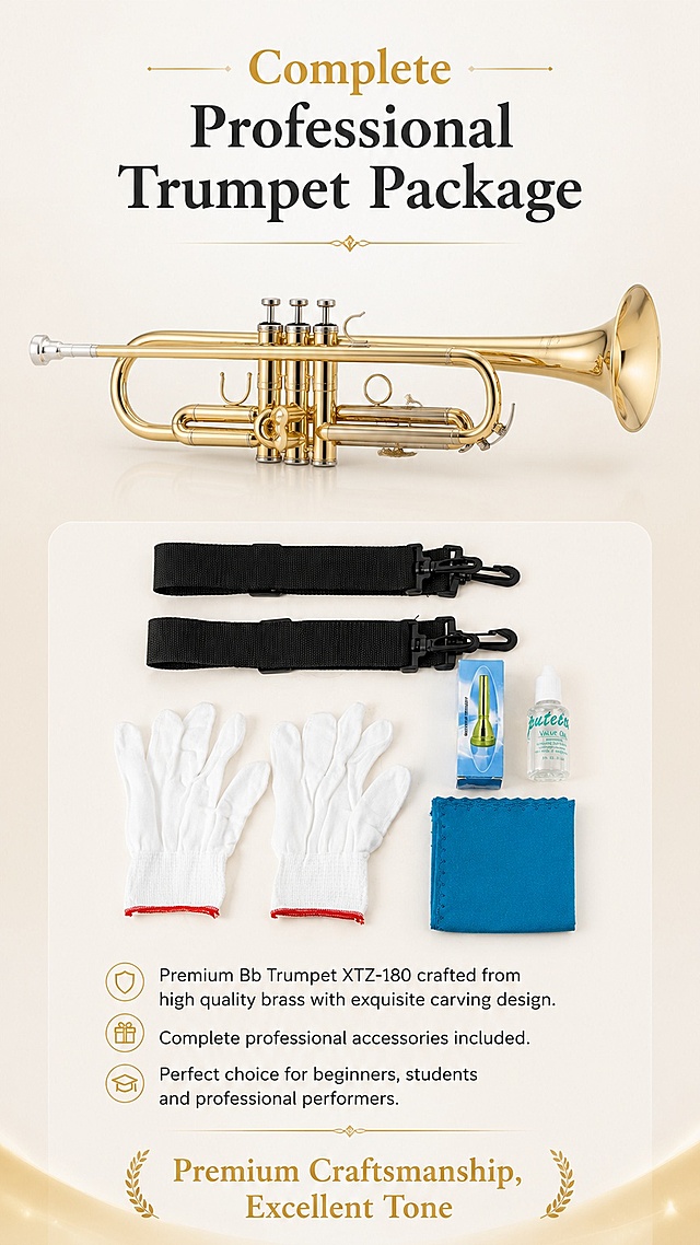 [Screen 10] Complete Package Information page - Final closing page. This screen uses [image1] and [image2] to show the full product and accessories together.
[Atmosphere/Style] Warm premium closing page, clean organized layout, professional end to the product details.
[Layout/Elements] Upper half displays the main trumpet product [image1], lower half shows the complete accessories with the main text information, bottom has closing brand slogan. Light warm gradient background.
[Lighting/Texture] Soft even lighting, product and accessories are clearly displayed, consistent exposure, natural shadows, keeps original product texture.
[Color Matching] Global background gradient from #F5F5F5 to #E8E4DC, product maintains natural gold/brass color, text #333333, accent color gold.
[Perspective/Composition] Upper product lower information layout, main trumpet occupies upper half, lower half includes accessories preview and specification summary, balanced composition.
[Text Layout] Top title "Complete Professional Trumpet Package". Lower summary: Premium Bb Trumpet XTZ-180 crafted from high quality brass with exquisite carving design, complete professional accessories included, perfect choice for beginners, students and professional performers. Bottom slogan "Premium Craftsmanship, Excellent Tone". All English text, clear and legible, does not cover main product.
[Proportion/Resolution] 9:16 vertical ratio, 1K resolution, clear text, high quality image.
[Negative Prompt] Product deformation, wrong color, missing product, overlapping text, Chinese characters, absolute promotion language, watermark