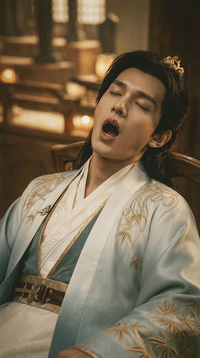 将图中的角色调整为歪头靠在椅子上，长着大嘴睡大觉，保持原有古装造型和场景风格不变