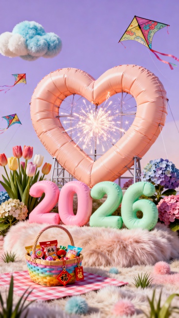 主体为爱心烟花造型的充气装置，前有蜜桃粉配嫩绿色 “2026” 字，旁边少许郁金香与绣球花簇生，背景是浅紫渐变晴空，飘着几只手绘风新年纸鸢，地面摆着彩色野餐篮，装满新年糖果与福字小挂件。预览效果