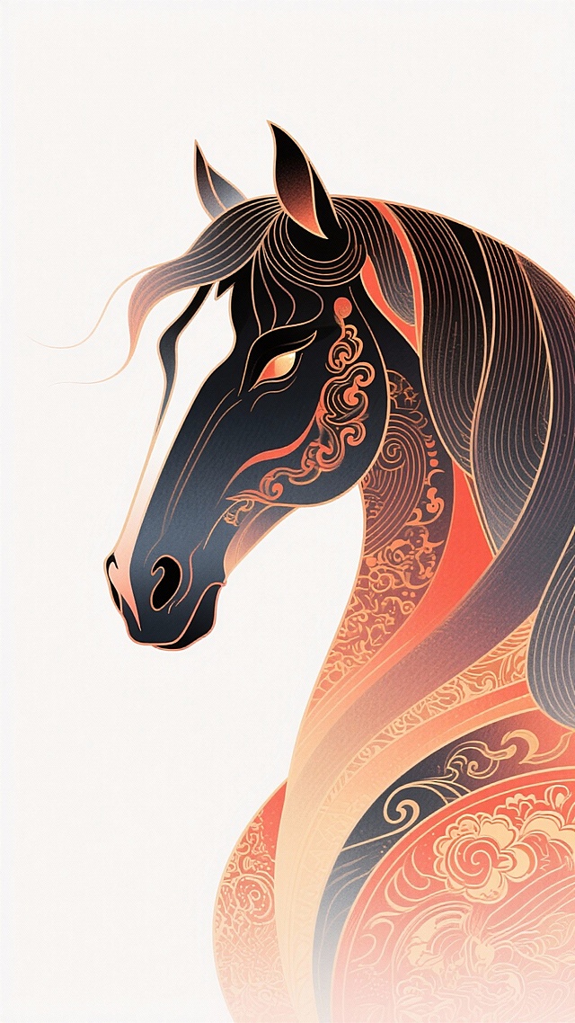 Adam Riches风格作品，肖像的精密线条，以单线连续线条绘画，让彩铅在纸上游走成即兴的排线，他的线条时而密集，时而疏朗，构筑立体感，层层叠叠，这些看似无序的线条轨迹，最终重构出古典巴洛克风格与极繁主义叙事。 拟人国风骏马，神秘感，华丽炫酷的花纹和质感、暖色调，整个画面散发出一种美轮美奂的诡异气质，威风霸道却又令人感觉到危险和恐惧，极致的细节刻画，极致的立体纹理，奢华、繁琐、恢弘、大气，超高清画质。骏马，正脸。