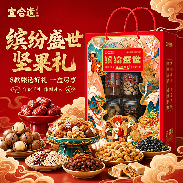 [主图-1] 首图点击率 国潮坚果礼盒主视觉 突出缤纷盛世礼盒与8款好礼的丰盛感
[统一基调] 淘宝/天猫 1:1 2048px 国潮喜庆年货风 背景主色中国红+暖金 标题字色烫金/米白 辅助字色浅金/米黄 强调色朱红 字体为厚重书法黑体 有飞白笔触感 卡片用祥云纹金边 整体专业品质 食欲感强
[画面] 宜合道缤纷盛世坚果礼红色国潮礼盒居中偏右 礼盒完整展示 正面神兽龙凤图案清晰 红色提手自然向上 礼盒占画面约60% 礼盒前方散落摆放真实食物 夏威夷果开口露出奶白果肉 葡萄干饱满透亮 新疆红枣红润有光泽 鱼皮花生金黄酥脆 酥心糖拆开半颗露出内馅 绿心黑豆颗粒分明 瓜子粒粒饱满 赤小豆薏米茯苓芡实食材小碟 食物新鲜诱人有光泽 背景为浅红渐变加祥云纹理 左上角放宜合道品牌Logo 左上方大标题 缤纷盛世坚果礼 副标题 8款臻选好礼 一盒尽享 下方小字 年货送礼 体面过人 文字不遮挡礼盒主体
[光影质感] 自然暖光侧逆光 食物表面有通透光泽 礼盒有立体明暗 底部有柔和接触阴影 商业摄影质感 高清细腻
[配色] 中国红主背景 暖金文字 食物本色 整体喜庆温暖
[文字版式] 左文右图布局 主标题最大最粗 烫金色 有轻微描边 副标题缩小50% 米白色 说明文字再小 浅金色 文字放在左侧负空间
[输出要求] 1:1正方形 文字清晰无错字 产品清晰不变形 无水印 无平台Logo 禁止杂乱 禁止模糊