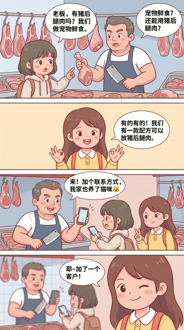 「图片1」保持同样的画风。场景：猪肉摊位，挂着一排排鲜肉。
分镜（3格或4格）：

第1格

小A指着摊位上的猪后腿肉，询问老板。
老板（系围裙的壮实大叔，手拿剔骨刀）表情惊讶。
对话气泡：
小A：“预览效果