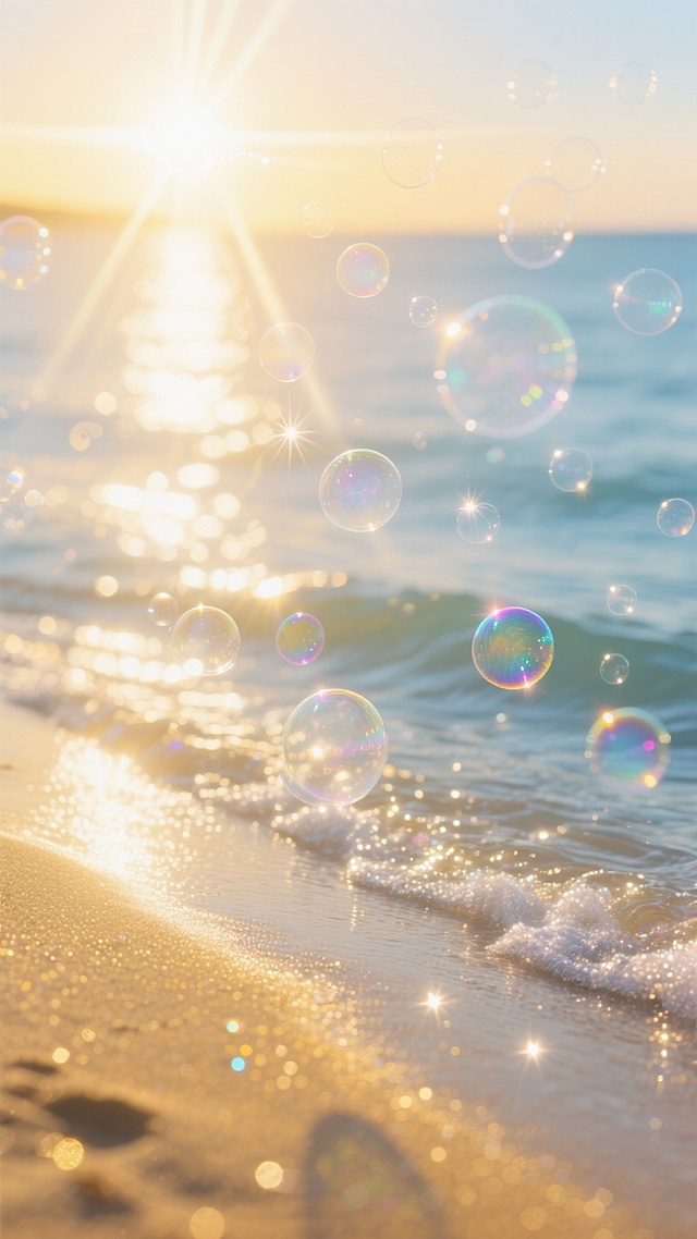 梦幻海滩，泡泡飘浮，阳光洒落，清新浪漫，弥散光风，虚拟自然美景。