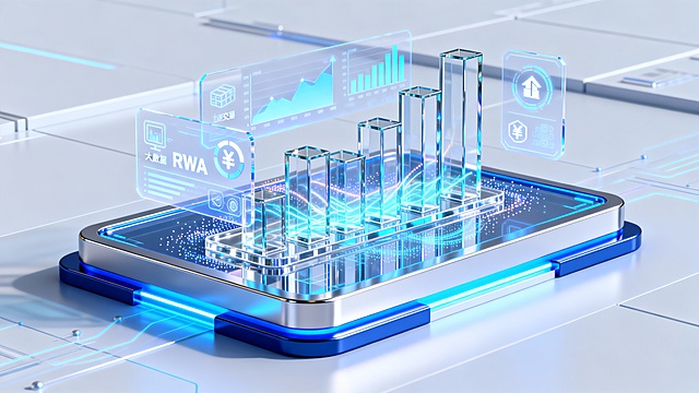 2.5D科技风格区块链科技插画，亮色调搭配智慧渐变蓝色高光，矩形底座上有透明玻璃材质的柱状图，亚克力材质、粒子光流、强化金属镀层与全息投影效果，突出区块链技术发展，适配web3平台，包含交易图表、RWA、大数据、金融等元素图标，整体偏亮色，3D渲染细节精致，C4D Blender渲染，8K高清