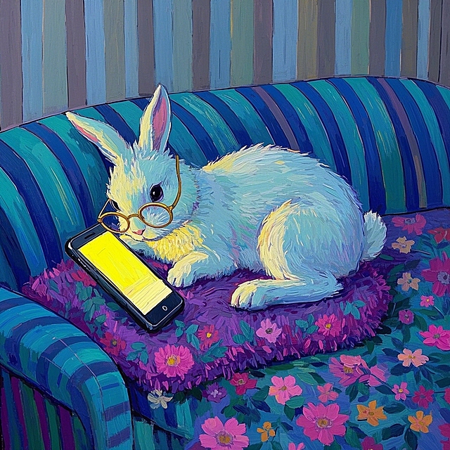 戴金框圆眼镜的白色垂耳兔躺在蓝紫色的沙发上低头看手机，面部占据画面三分之二，面部特写，两只爪子拿着手机（屏幕散发黄光），盖着一个花卉图案的毛绒毯子。外形圆润简洁概括细节丰富，油画比触感强烈，沙发是条纹绒布，灰蓝条纹背景墙纸