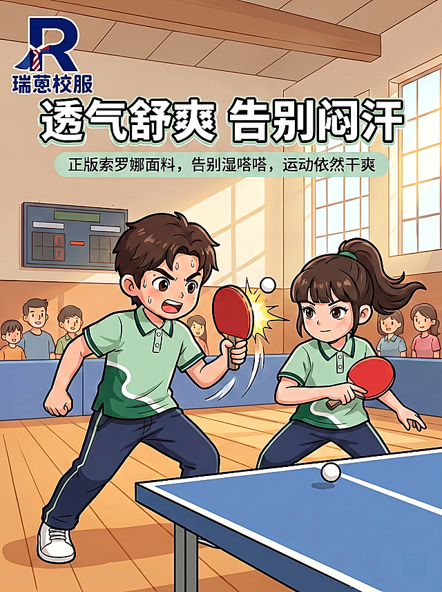 替换左上角错误LOGO为参考图中正确瑞蒽LOGO：深蓝色R搭配红白条纹领带，去掉图片上方的"瑞莱校服"四个字，保留其他文字：透气舒爽 告别闷汗 正版索罗娜面料，告别湿嗒嗒，运动依然干爽，保持男女对打乒乓球场景和背景不变，整体风格自然融合。