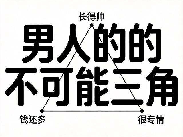 干净的纯白色背景。平面艺术字体设计，"男人的不可能三角"，现代无衬线黑体风格，字形结构平衡，笔画粗细均匀，转折处轻微圆角处理，字间距适中，保持高识别度，黑色哑光质感，无描边，无装饰。将三个特征"长得帅"、"钱还多"、"很专情"以标签形式呈现在三角形三个顶点位置。文字整体必须完整呈现在画面内不可被裁切，四周留有安全边距。比例4:3