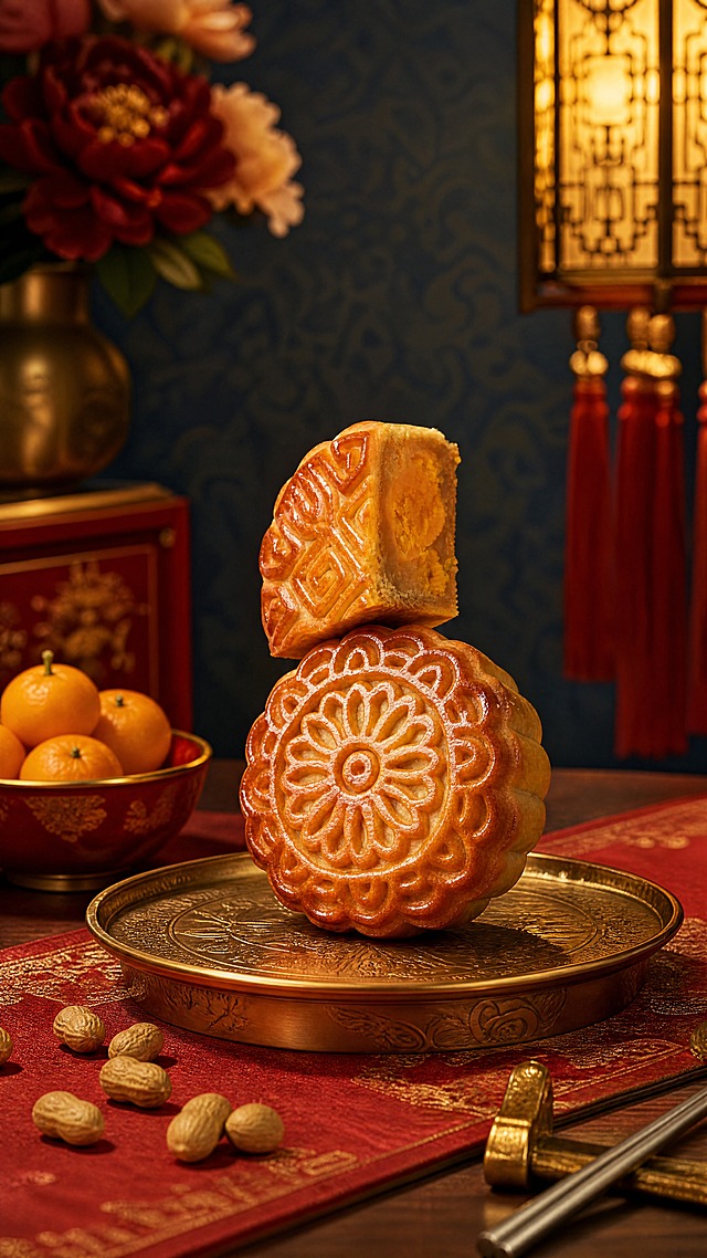 月饼严格参照上传产品图（图1为切开的蛋黄莲蓉月饼、图2为完整花纹月饼），完整保留所有可见组件、部件、轮廓形状、结构、比例、材质质感、颜色与产品本体上的花纹浮雕，与上传图完全一致；两块月饼自然融入场景光影，与场景共处同一物理空间，月饼表面有油润光泽，画面有高级质感。
室内中式案台场景，国潮轻奢风格。
朱砂红与鎏金主色调，黛蓝点缀，华丽喜庆氛围。
两块月饼叠放错落于金色托盘上，搭配中式礼盒与装饰道具，组合语境完整。
暖金色顶光+侧逆光（还原参考图多光源暖光氛围），产品受光面泛起鎏金朱砂色、暗部映射黛蓝深色光晕，与环境物理融合，月饼表皮油润透亮有光泽。
产品位于画面中央偏下，中近景构图，产品占画面约50%，背景虚化突出主体。
微仰20°斜侧视角，相对参考图视角偏转。
全量换款清单：①承载台：参考图透明方形水晶底座带金色雕花脚 → 生成图圆形黄铜錾花托盘；②桌面：参考图酒红丝绒桌布 → 生成图朱砂红织金桌旗铺于深色案台；③食器：参考图左侧白瓷小盘装咸蛋黄 → 生成图左侧金边红瓷小碗装金橘；④食材：参考图底部白色莲子 → 生成图底部散落金色花生；⑤餐具：参考图右下金色小勺 → 生成图右下鎏金雕花筷架配银筷；⑥背景左：参考图深色木柜+花瓶花艺 → 生成图左侧红漆描金柜+铜瓶插牡丹；⑦背景右：参考图暖光垂帘 → 生成图右侧宫灯垂流苏；⑧背景中：参考图深绿墙面 → 生成图黛蓝暗花墙纸。
商业摄影，高级质感，月饼表皮油润有光泽，层次丰富。
消除所有品牌文字与水印。
4K分辨率，严格锁定宽高比为9:16。