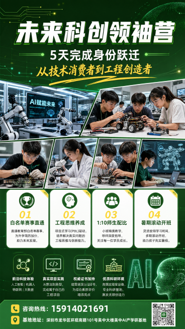 现代科技科创风格招生海报，主色调草绿，辅助色土黄，画面包含多张科创实验室、青少年科研活动相关图片。顶部主标题："未来科创领袖营"，居中副标题："5天完成身份跃迁"，装饰文案："从技术消费者到工程创造者预览效果