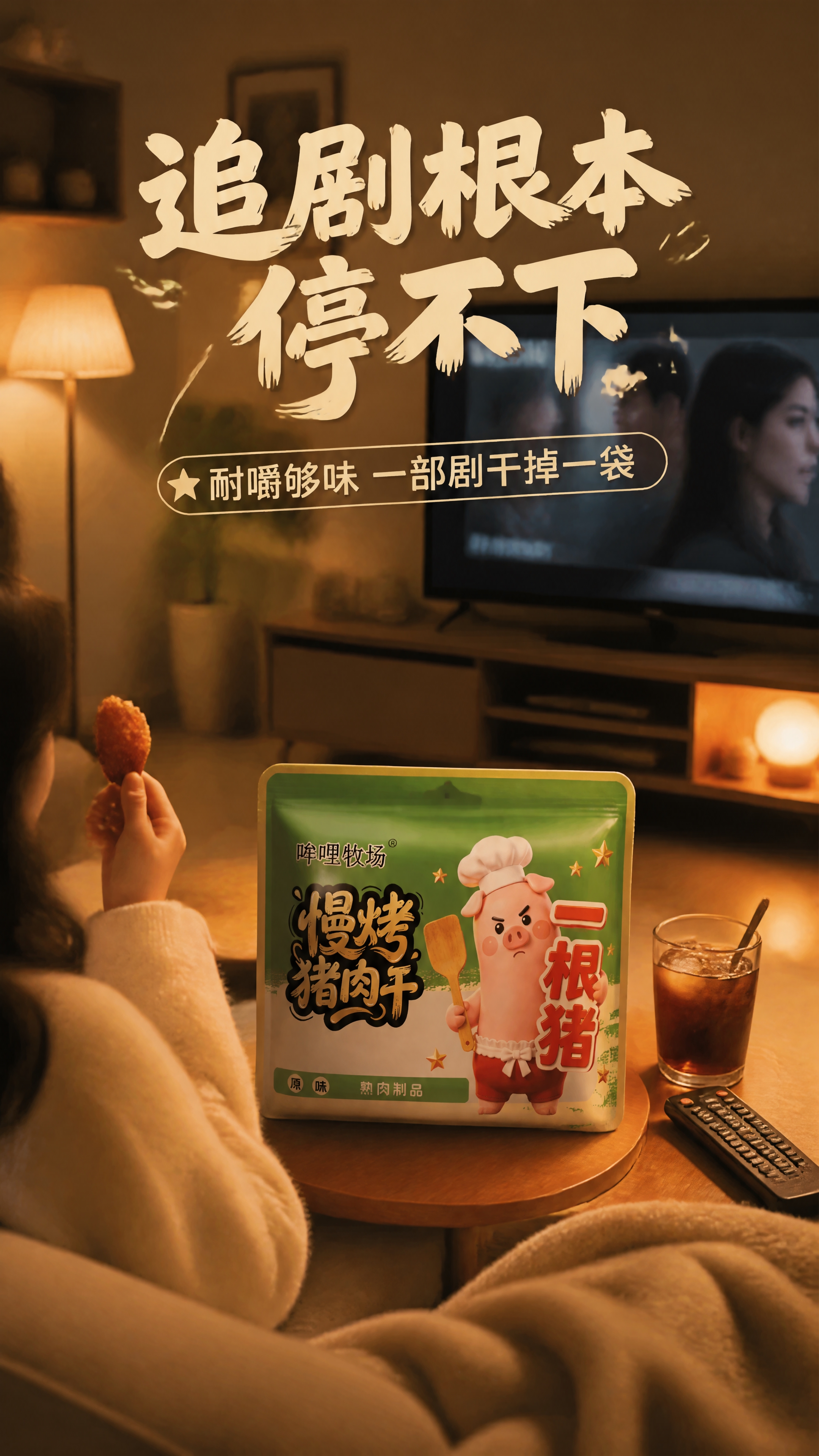 拼多多场景图，放松追剧氛围暖黄调。沙发茶几上放着猪肉干包装袋（… - 图片创意预览