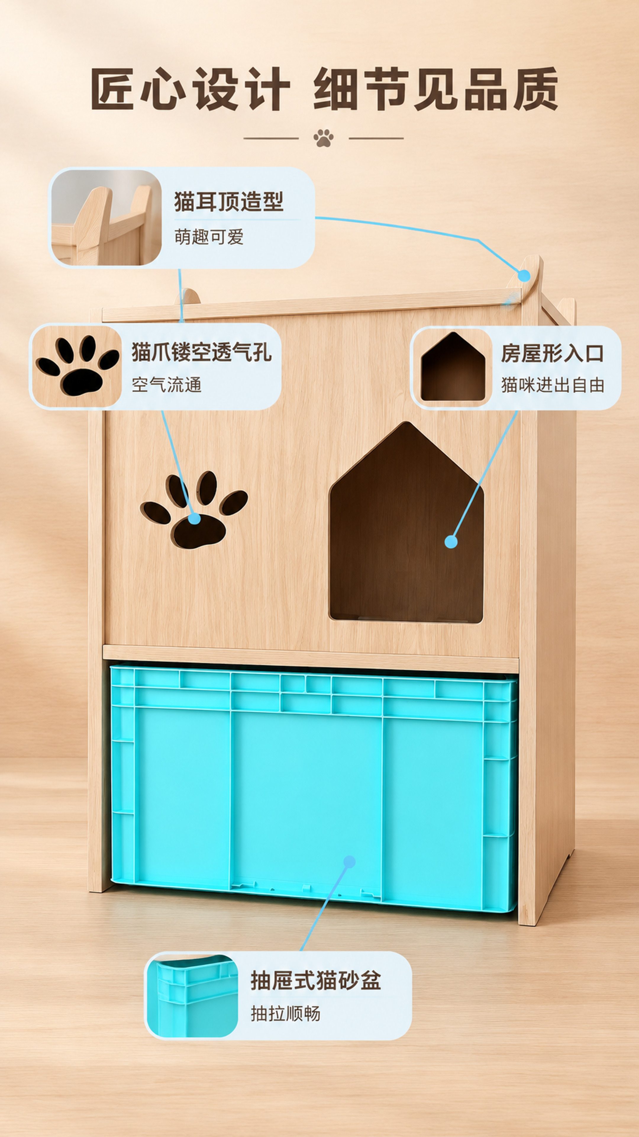 [商品] 使用【图1】【图5】浅原木色猫砂柜；保留猫耳顶、猫爪… - 图片创意预览