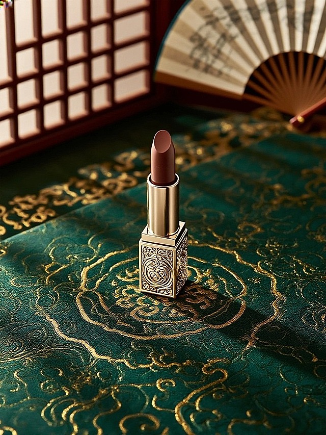 抠出图片主体，保留主体形状，给主体加上国风雕刻纹样。墨绿色+金色花样暗纹的桌面，后景折扇、屏风，营造典雅、富有东方韵味的氛氛围；景深效果。