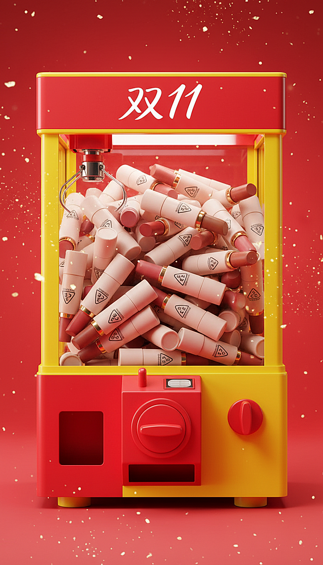 3D重拟物风格抓娃娃机，满载口红，塑料质感强烈，红黄配色营造喜庆促销氛围，双11主题突出。