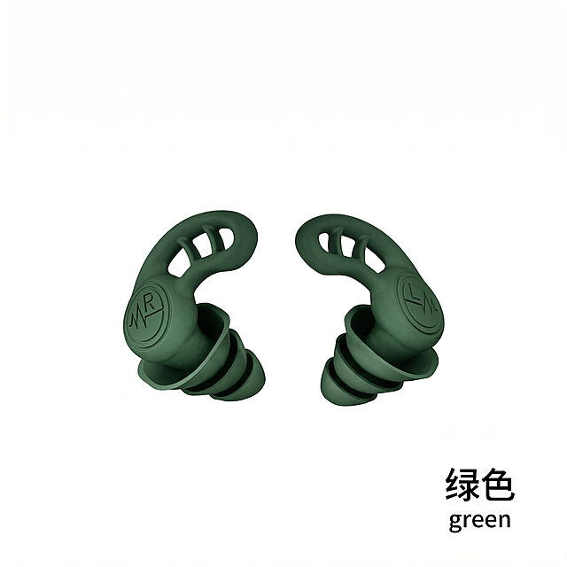 按照原图样式生成绿色硅胶降噪耳塞sku图，右下角添加文字：绿色 green，保持原图的构图布局、产品造型和纯白底背景不变，只修改耳塞颜色