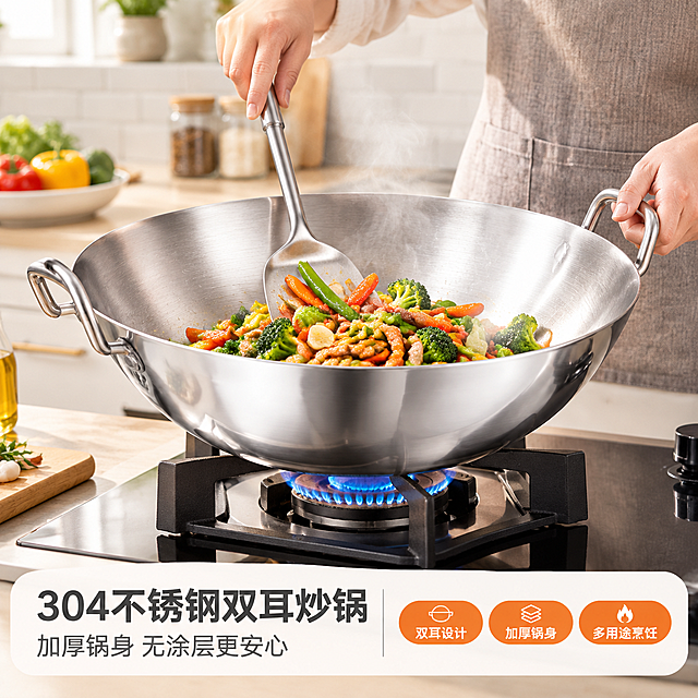 [商品] 使用【图1】【图2】304不锈钢双耳炒锅；保留圆底深口弧形锅身、两侧U型金属双耳、焊接连接处、拉丝内壁、抛光外壁、无涂层锅面；产品为银色不锈钢质感，整体结构完整。
[画面] 第1张 头图海报，目标突出产品全貌与厨房烹饪氛围。构图为满铺场景型：炒锅置于家用灶具上，锅内有蔬菜食材正在烹饪，一缕热气升腾；双耳完整可见，锅身占画面65%；前景为灶具与炒锅，中景为亚洲成年人手部持铲烹饪动作，后景为现代厨房浅色瓷砖墙面与橱柜虚化层次。景别为中景。
[视觉] 套系策略：风格=专业品质厨房商业摄影，温暖明亮；标题字=现代无衬线粗黑体；正文字=简洁无衬线体；主色=不锈钢银灰；背景延展=基于银灰做深浅层级、暖白厨房场景和细腻金属/瓷砖质感；强调色=暖橙，仅用于小面积图标和标签；标题色=深炭灰；正文色=中暖灰；组件=圆角浅底信息卡、胶囊标签、细线引线；光影=厨房顶光加左前侧暖柔光，金属表面高光自然，蒸汽轻盈。
[文字] 底部信息条主标题大字"304不锈钢双耳炒锅"，副标题"加厚锅身 无涂层更安心"，右侧3个胶囊卖点："双耳设计"、"加厚锅身"、"多用途烹饪"；所有文字横排，不遮挡锅体与双耳。
[规格] 图片比例1:1，1440x1440，2K，避免变形、错字、文字过小、冷蓝/蓝灰背景、产品结构改变、手部畸形、双耳缺失。