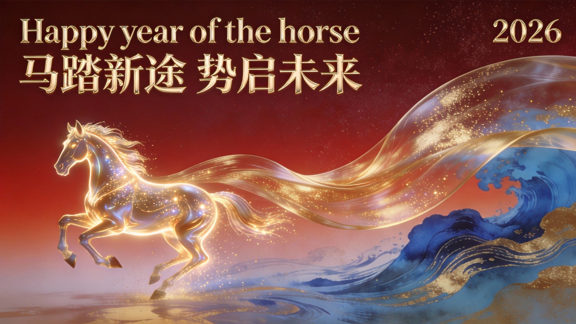 横向宽幅海报，核心是奔跑的鎏金发光天马（马身呈流体光效质感），拖曳着长幅流动的金色光效丝带，丝带延伸至画面右侧，与红金渐变的抽象浪涛纹理融合；左上区域排布文字信息：英文 “Happy year of预览效果