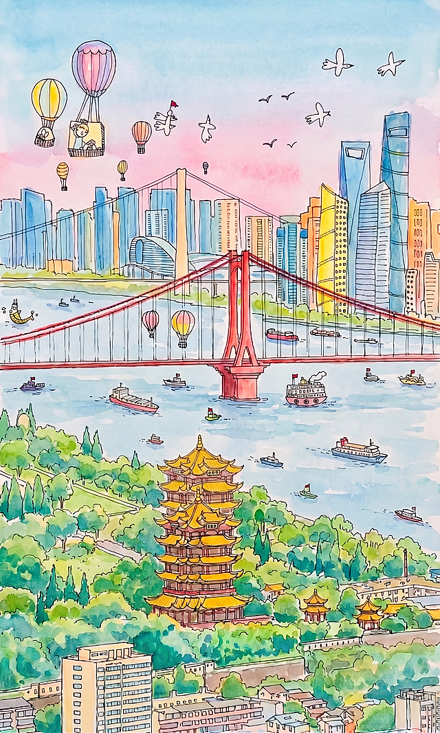 调整画面：增大江水面积，减少近处楼房，增加树木和绿色景观，放大主体黄鹤楼尺寸，保持钢笔线描淡彩童趣手绘风格，保留原有武汉城市风光构图