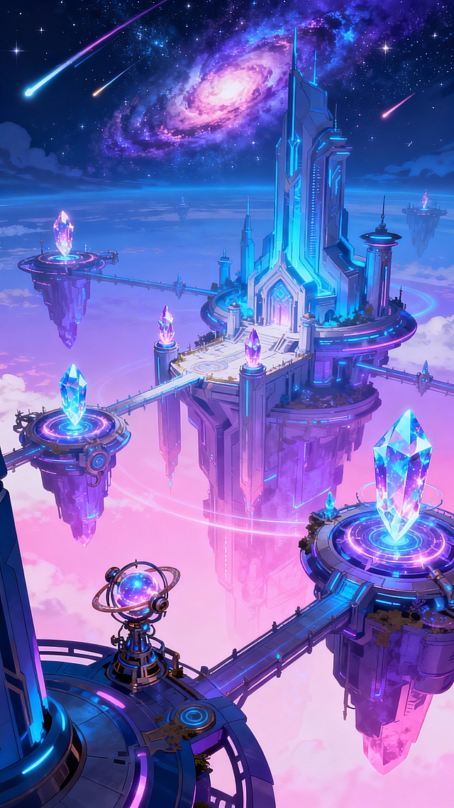 帮我生成20张手游壁纸，整体以蓝紫粉为主色调，呈现华丽梦幻、科幻元素的二次元游戏美术宣传风格。