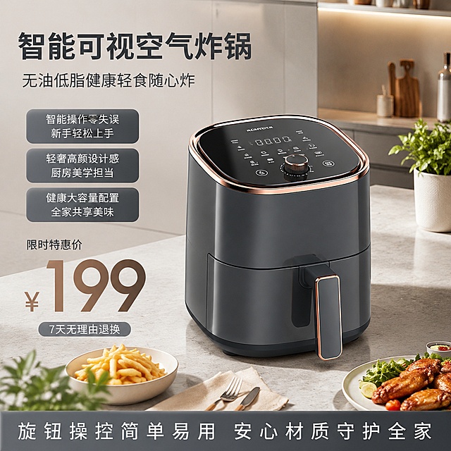 超写实电商产品摄影，现代轻奢风格厨房场景展示。
主体：深灰色玫瑰金镶边3.5L智能空气炸锅严格参照上传产品图，完整保留所有可见组件、轮廓、结构、比例、材质、颜色与产品本体上的文字信息，产品自然摆放在现代厨房台面上，产品为绝对第一视觉焦点，自然融入场景光影，与场景共处同一物理空间，无生硬抠图感。
文案排版：保留所有文案不增删，主标题"智能可视空气炸锅"字体醒目，副标题"无油低脂健康轻食随心炸"字号次之；三个卖点标签使用圆角矩形背景框，文字居中对齐，背景框颜色与主色调协调：1.智能操作零失误，新手轻松上手；2.轻奢高颜设计感，厨房美学担当；3.健康大容量配置，全家共享美味；价格信息"限时特惠价 ¥199"突出放大显示，"7天无理由退换"字号较小；底部标语"旋钮操控简单易用 安心材质守护全家"，整体层级清晰。
风格：现代、科技、健康，突出食欲感。
场景：现代简约轻奢厨房，健康轻食氛围，台面上点缀小型绿植和餐盘，简洁温馨有生活感。
空间：空气炸锅放置在浅灰色岩板台面，背景为浅灰色整体橱柜，空间干净明亮。
配色/材质：深灰/玫瑰金/浅灰/浅木色，磨砂金属/岩板/烤漆橱柜。
光影：主光从斜前方45度射入，暖调明亮光线，金属玫瑰金镶边有细腻高光，产品主体清晰明亮，无硬阴影。
严格锁定宽高比为1:1，分辨率72dpi，整体800×800像素。